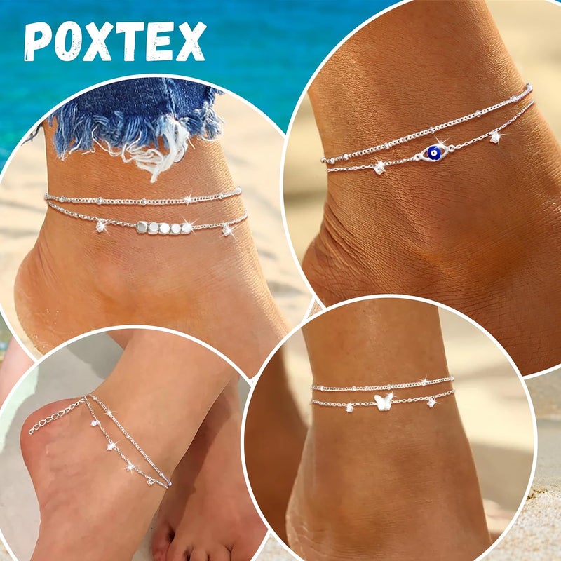 Poxtex Sterling Silver Anklet Bracelets for Women Waterproof, 925 Sliver Plated CZ & Heart Charm Dainty Layer Anklets for Women Trendy, Simple Chain Anklets Set Gifts for Women, Mother Day Jewelry Gifts for Her Women Mom Wife Girlfriend - Image 5